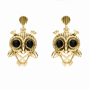9ct Yellow Gold Whitby Jet Owl Stud Earrings