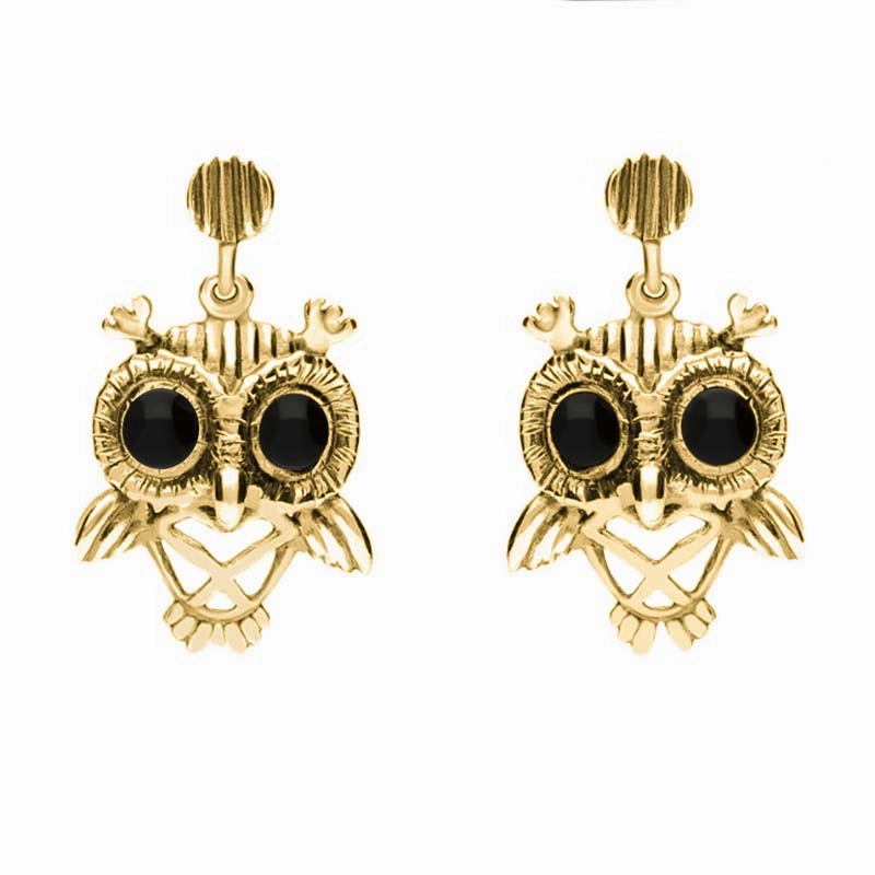 9ct Yellow Gold Whitby Jet Owl Stud Earrings