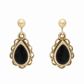9ct Yellow Gold Whitby Jet Pear Rope Frill Drop Earrings