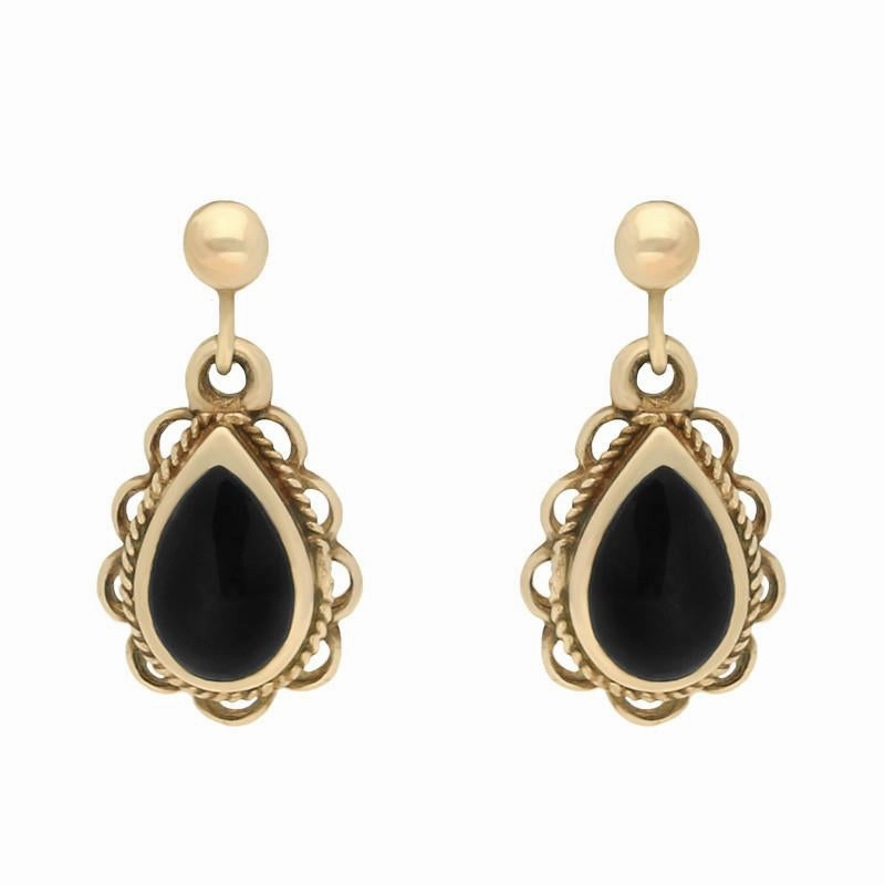 9ct Yellow Gold Whitby Jet Pear Rope Frill Drop Earrings