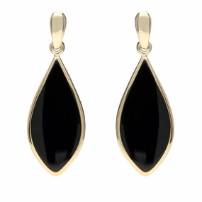 9ct Yellow Gold Whitby Jet Pointed Pear Drop Earrings