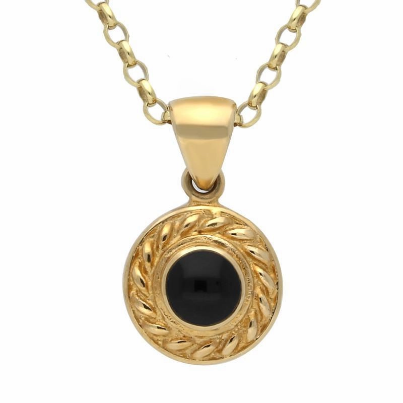 9ct Yellow Gold Whitby Jet Round Rope Edge Necklace