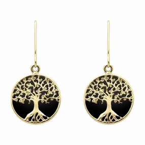 9ct Yellow Gold Whitby Jet Round Tree Drop Earrings