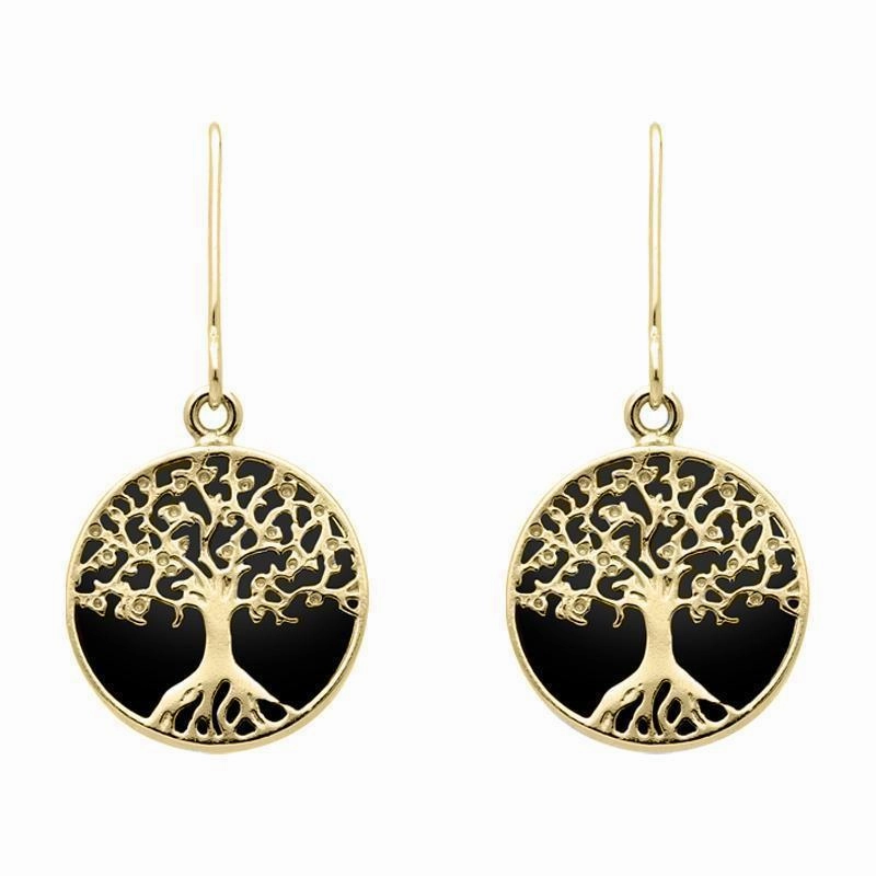 9ct Yellow Gold Whitby Jet Round Tree Drop Earrings