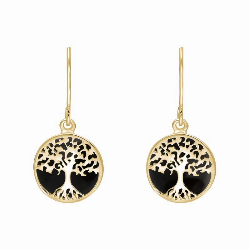 9ct Yellow Gold Whitby Jet Round Tree of Life Drop Earrings