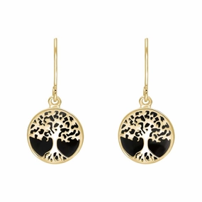 9ct Yellow Gold Whitby Jet Round Tree of Life Drop Earrings