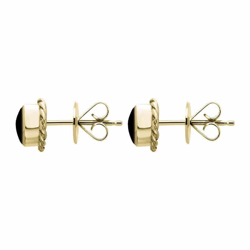 9ct Yellow Gold Whitby Jet Round Twist Edge Stud Earrings