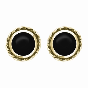 9ct Yellow Gold Whitby Jet Round Twist Edge Stud Earrings