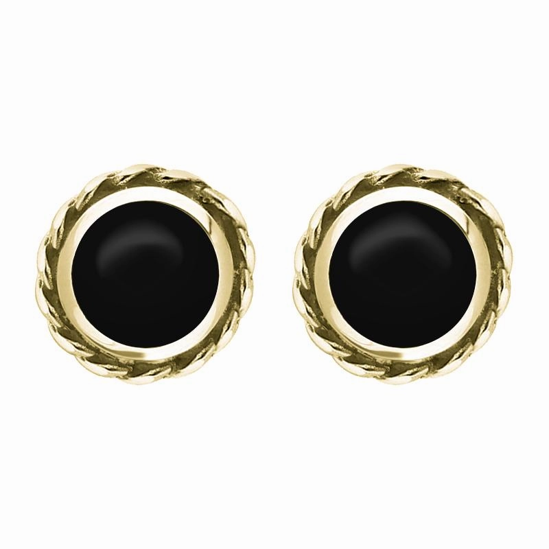 9ct Yellow Gold Whitby Jet Round Twist Edge Stud Earrings