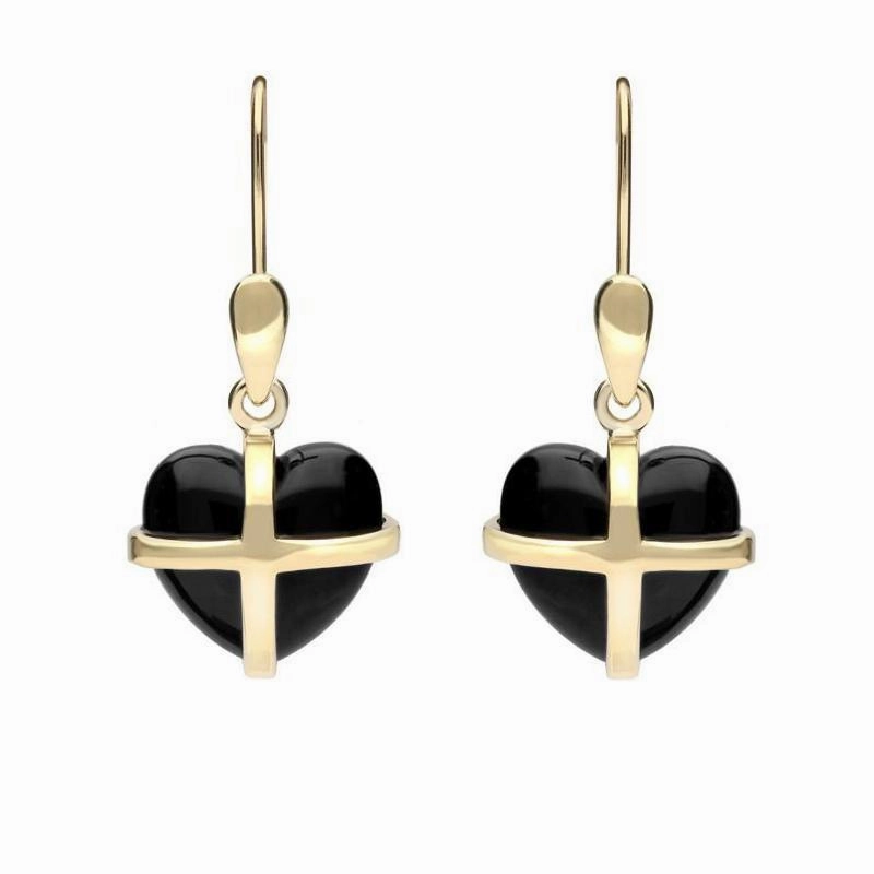 9ct Yellow Gold Whitby Jet Small Cross Heart Drop Earrings