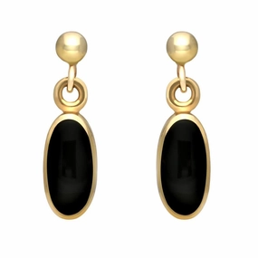 9ct Yellow Gold Whitby Jet Small Long Oval Drop Earrings