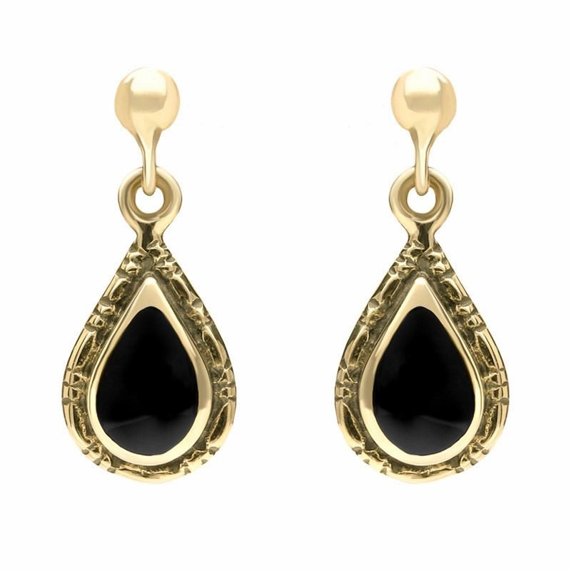 9ct Yellow Gold Whitby Jet Small Pear Drop Earrings