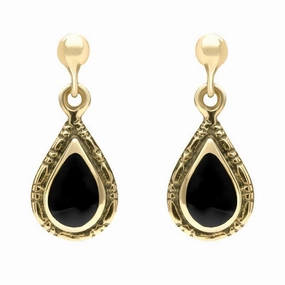 9ct Yellow Gold Whitby Jet Small Pear Drop Earrings