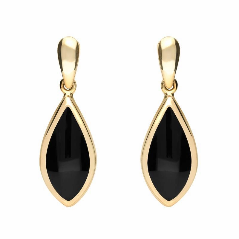 9ct Yellow Gold Whitby Jet Small Pointed Pear Drop Earrings