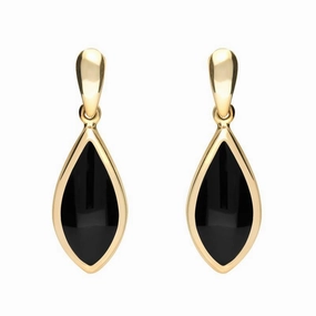 9ct Yellow Gold Whitby Jet Small Pointed Pear Drop Earrings