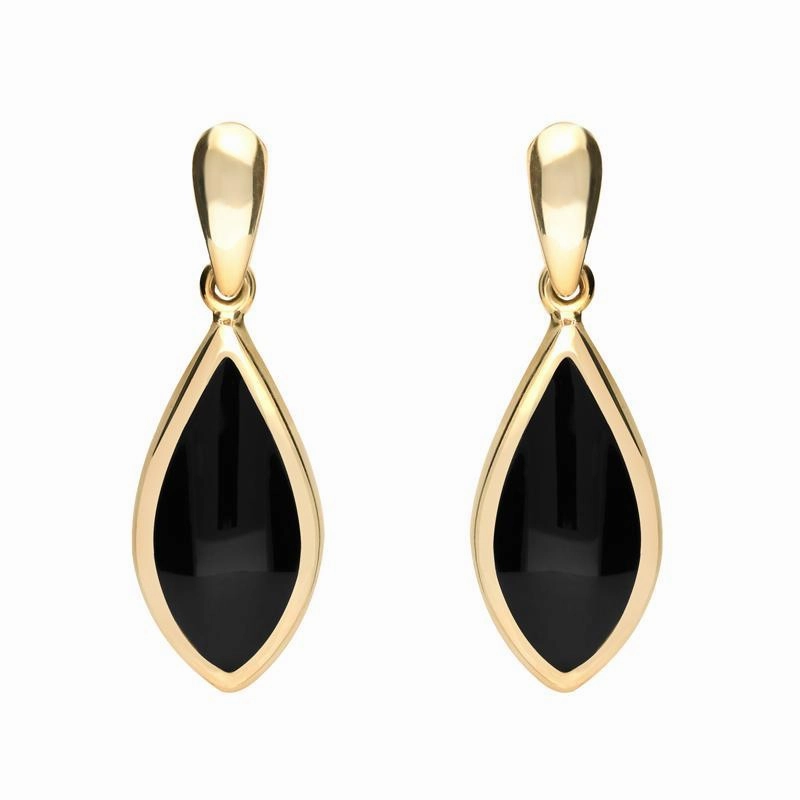 9ct Yellow Gold Whitby Jet Small Pointed Pear Drop Earrings