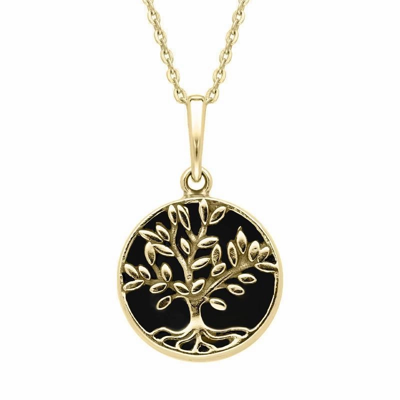 9ct Yellow Gold Whitby Jet Small Round Large Leaves Tree of Life Necklace