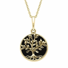 9ct Yellow Gold Whitby Jet Small Round Large Leaves Tree of Life Necklace