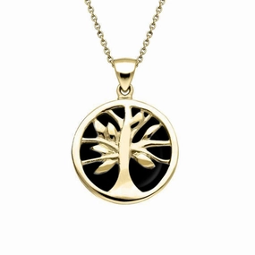 9ct Yellow Gold Whitby Jet Small Round Tree of Life Necklace