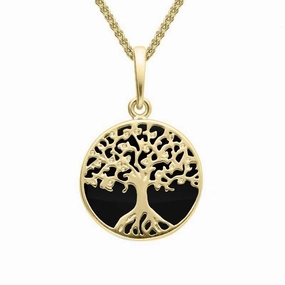 9ct Yellow Gold Whitby Jet Small Round Tree Of Life Necklace