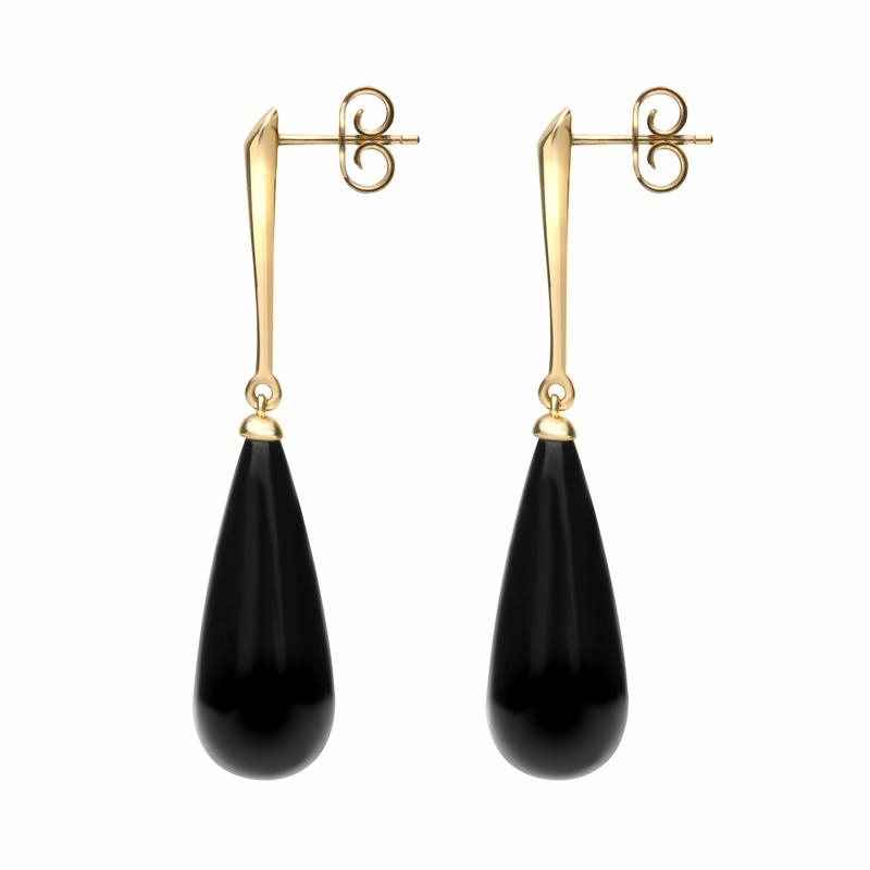 9ct Yellow Gold Whitby Jet Tapered Drop Earrings