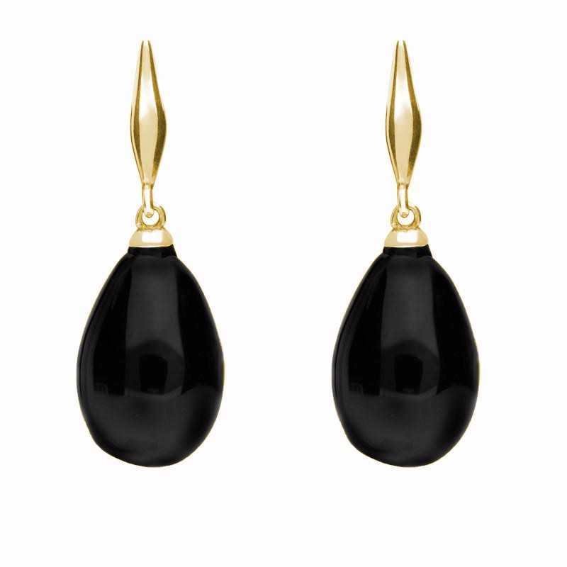 9ct Yellow Gold Whitby Jet Tapered Top Pear Drop Stud Earrings