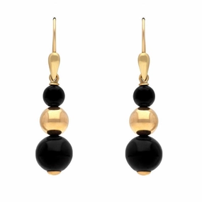 9ct Yellow Gold Whitby Jet Three Piece Bead Drop Earrings D