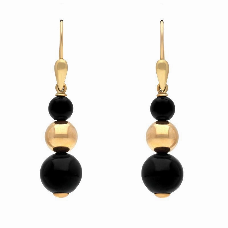 9ct Yellow Gold Whitby Jet Three Piece Bead Drop Earrings D