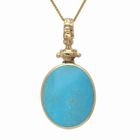 9ct Yellow Gold Whitby Jet Turquoise Double Sided Oval Fob Necklace