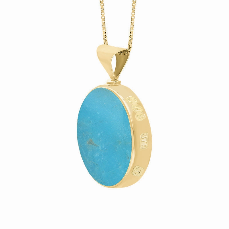 9ct Yellow Gold Whitby Jet Turquoise Queens Jubilee Hallmark Double Sided Round Necklace D