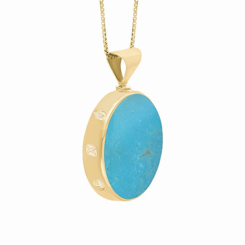 9ct Yellow Gold Whitby Jet Turquoise Queens Jubilee Hallmark Double Sided Round Necklace D
