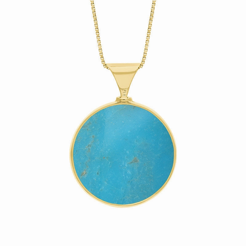 9ct Yellow Gold Whitby Jet Turquoise Queens Jubilee Hallmark Double Sided Round Necklace D