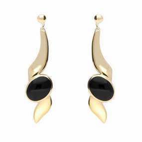 9ct Yellow Gold Whitby Jet Twist Drop Earrings
