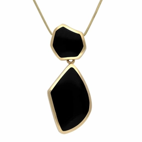 9ct Yellow Gold Whitby Jet Two Stone Organic Concave Necklace