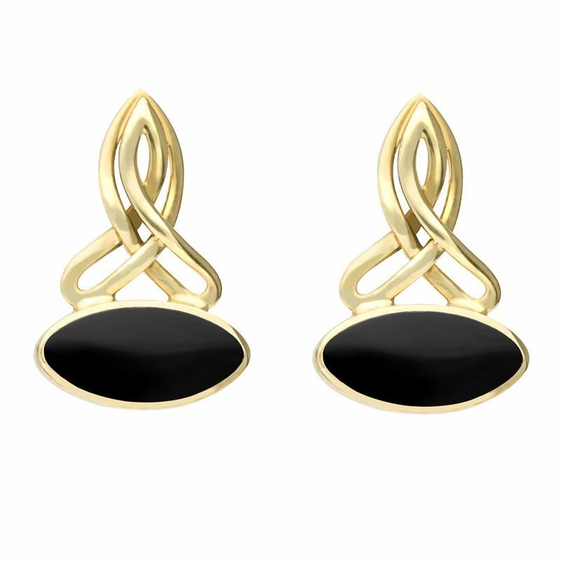 9ct Yellow Gold Whitby Jet Wide Marquise Celtic Stud Drop Earrings