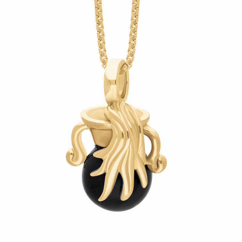 9ct Yellow Gold Whitby Jet Zodiac Aquarius 8mm Bead Pendant