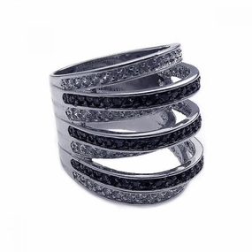 Clearance-Silver 925 Rhodium and Black Rhodium Plated Black and Clear CZ Stripe Ring - BGR00171