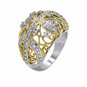 Clearance-Silver 925 Rhodium and Gold Plated 2 Toned Clear CZ Filigree Dome Ring - BGR00374