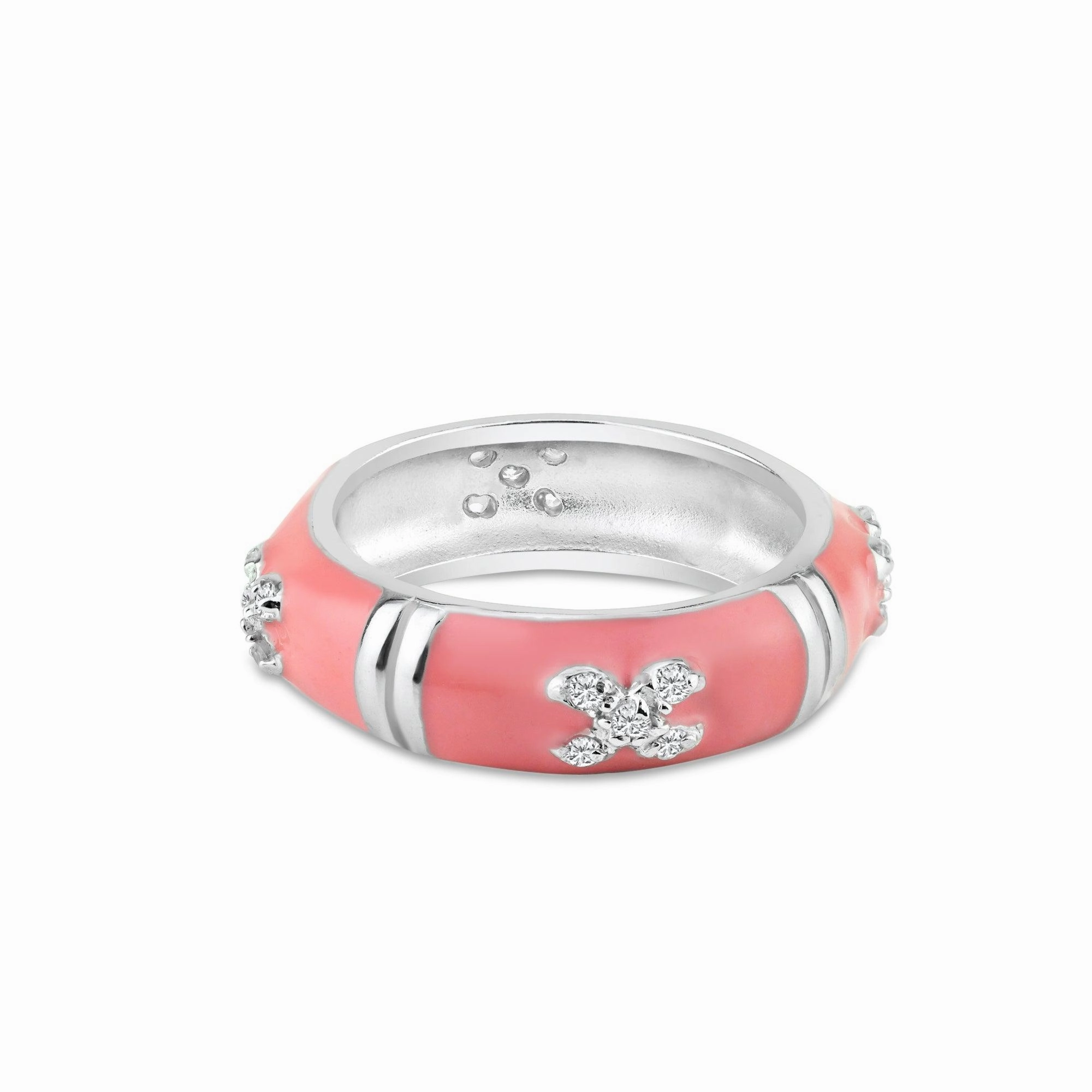 Clearance-Silver 925 Rhodium Plated Pink Enamel Pave Set CZ Ring - STR00519