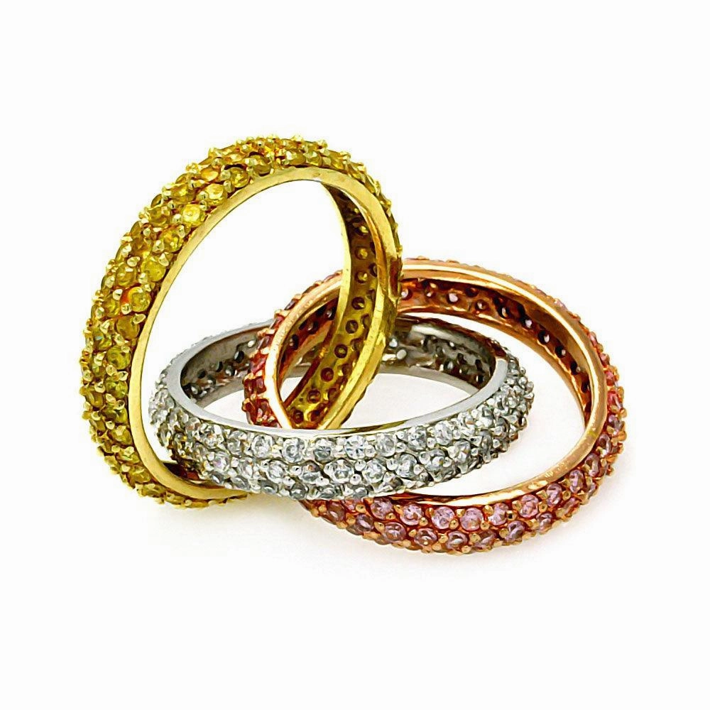 Clearance-Silver 925 Tri Color Stackable Ring with CZ - STR00114