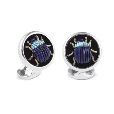Deakin & Francis Cufflinks Sterling Silver Embroidered Light And Dark Blue Bug