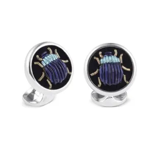 Deakin & Francis Cufflinks Sterling Silver Embroidered Light And Dark Blue Bug