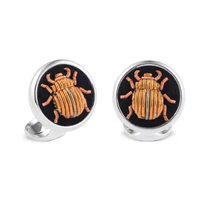 Deakin & Francis Cufflinks Sterling Silver Embroidered Orange Bug