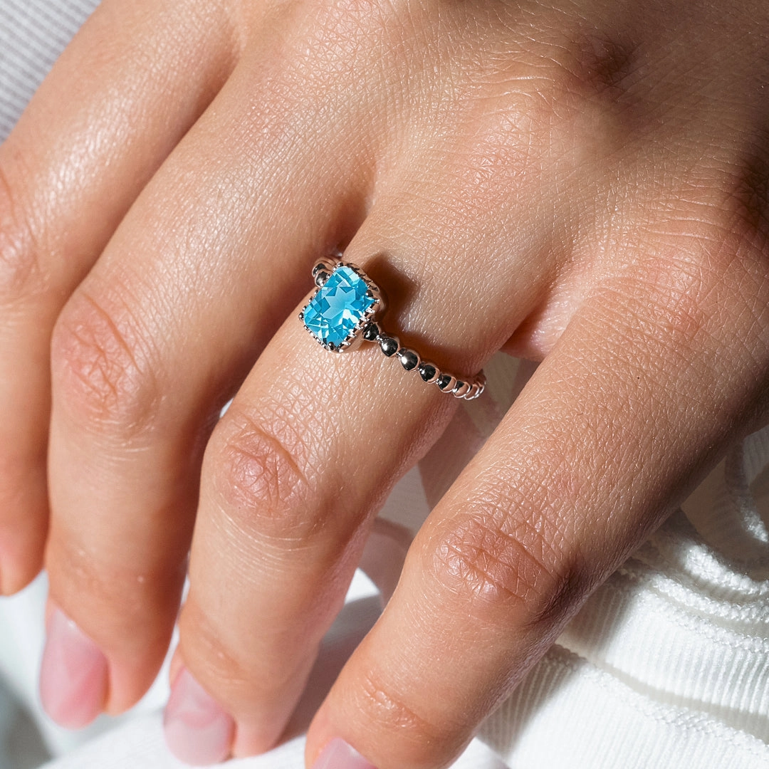 December Sterling Silver 925 Rhodium Plated Beaded Shank Square Center Birthstone Ring - BGR01081DEC