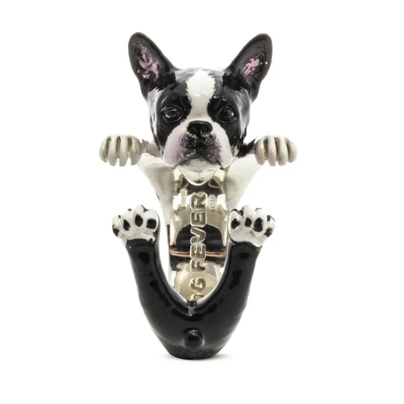 Dog Fever Sterling Silver Enamelled Boston Terrier Hug Ring
