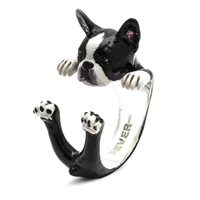 Dog Fever Sterling Silver Enamelled Boston Terrier Hug Ring