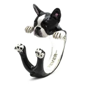 Dog Fever Sterling Silver Enamelled Boston Terrier Hug Ring