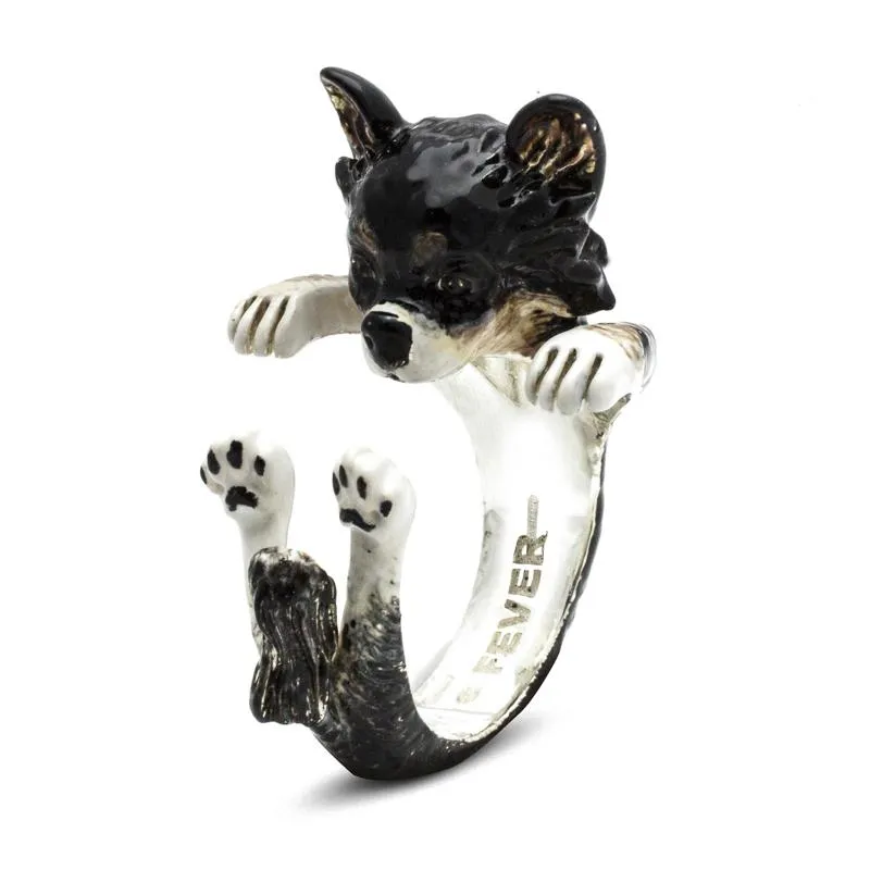 Dog Fever Sterling Silver Enamelled Long Haired Chihuahua Hug Ring D