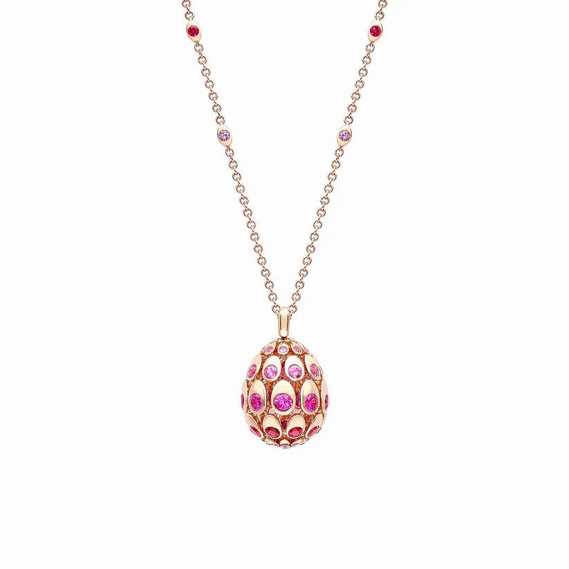 Faberg Cosmic Curve 18k Rose Gold Ruby & Pink Sapphire Egg Pendant & Chain