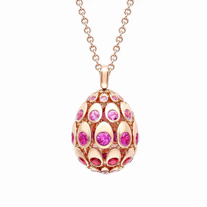 Faberg Cosmic Curve 18k Rose Gold Ruby & Pink Sapphire Egg Pendant & Chain